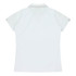 A white polo shirt featuring short sleeves and a simplistic design with a branding logo on the back.