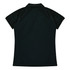 A black polo shirt featuring a classic collar and short sleeves, designed for women, with a logo on the back.