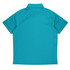 A teal polo shirt with a collar and short sleeves, featuring a plain design and a logo.