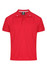 A vibrant red men's polo shirt featuring two white stripes on the collar and a logo.