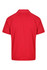 A red polo shirt with short sleeves and a collar, featuring a logo on the back.