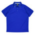 A blue men's polo shirt with a classic collar and three-button placket, featuring a logo.