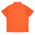 An orange polo shirt, featuring a classic design with a collar and short sleeves, has a branding logo.