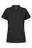 A black polo shirt featuring a three-button placket and a logo on the collar.