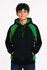 A black hoodie with green accents featuring a kangaroo pocket and drawstring hood, modelled by a young boy.