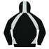 A black and white hoodie featuring a panel design and a kangaroo pocket. It has a hood and long sleeves.