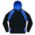 A black hoodie with blue accents, featuring a front pocket and a drawstring hood. It has a logo on the chest area.