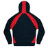 A hoodie featuring a black body with red accent panels on the sleeves and back, and a drawstring hood.
