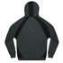 A grey and black hooded jumper featuring a sleek design and a logo on the front.