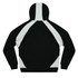 A black and white hoodie with a contrasting panel design, featuring a hood and long sleeves.