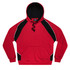 A red and black hoodie with a front pocket and hood. Features contrasting sleeves and a logo.