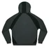 A dark green hoodie featuring a design with contrasting black panels and a hood. The back view highlights the fabric details.