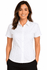 A white short-sleeve button-up shirt for women, featuring a fitted design and a logo on the chest.