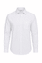 A white long sleeve button-up shirt with a collar and a single chest pocket. Features a logo on the label.