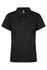 A black polo shirt with a classic collar and button placket, featuring a logo on the label.
