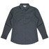 A long-sleeve button-up shirt in dark grey with a collar and a logo.
