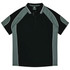A black and grey polo shirt with contrasting panels and a collar, featuring a logo on the chest area.