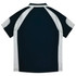 A navy polo shirt featuring light grey accents, with a smooth fabric and a collar. Includes a logo on the front.