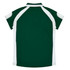 A green and white polo shirt with short sleeves and a collar, featuring a logo on the back.