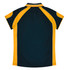 A dark green and yellow women's polo shirt with a sporty design and a logo on the back.