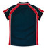 A navy and red polo shirt featuring short sleeves and a stylish design, with a logo present.