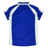 A blue and white polo shirt featuring a logo on the back, designed for women.