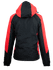 A black and red jacket featuring a hood and contrasting panel design, with a logo on the back.