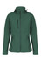 A green soft shell jacket with a zip front, two side pockets, and a hood, featuring a logo.