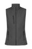 A dark grey work vest featuring a front zip, two side pockets, and a sleek design. It has a logo.