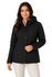 A black jacket with a hood, featuring a clean design and a woman wearing it. The jacket has a branding logo.