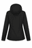 A black women's jacket featuring a hood and a patterned design on the back, with a logo present.