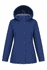 A navy blue jacket featuring a hood, front buttons, and side pockets, with a branded logo.