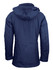 A navy blue men's jacket with a hood, featuring a logo. The design is simple and modern.