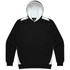 A black hoodie with a white interior and white accents on the sides. It features a front pocket and a logo.