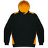 A green hoodie with yellow accents and a front pocket, featuring a hood and a logo.