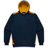 A navy blue hoodie with yellow accents and a front pocket. It features a hood and has a branded logo.
