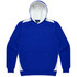 A blue hoodie with a white hood, featuring a front pocket and contrasting panels on the shoulders.