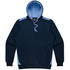 A navy blue hoodie with light blue accents, featuring a pouch pocket and a drawstring hood. It has a logo.
