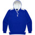 A blue hoodie with a white inner lining and side accents. It features a front pocket and a drawstring hood.
