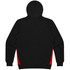 A black hoodie with red side panels and a hood, featuring a logo on the front.