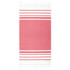 A pink and white striped beach towel with fringes and a small logo. Ideal for use on the beach or poolside.