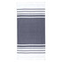 A Turkish beach towel in navy and white with decorative stripes and tassels along the edges.