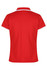 A red polo shirt with a white collar and sleeve detailing, featuring a logo on the front.