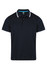 A navy blue men's polo shirt with white collar and sleeve accents, featuring a logo on the left side.