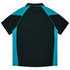 A polo shirt featuring a black body with teal accents and a logo.