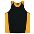 A black and gold singlet featuring contrasting side panels and a simple design, with a logo on the label.