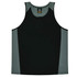 A black singlet with grey side panels, featuring a logo on the label area.