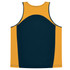 A singlet featuring a navy blue and gold colour scheme with a logo on the front.