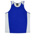 A blue and white singlet with a logo on the label. It features a sporty design.