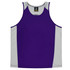 A purple singlet with grey side panels, featuring a logo on the inside neckline.